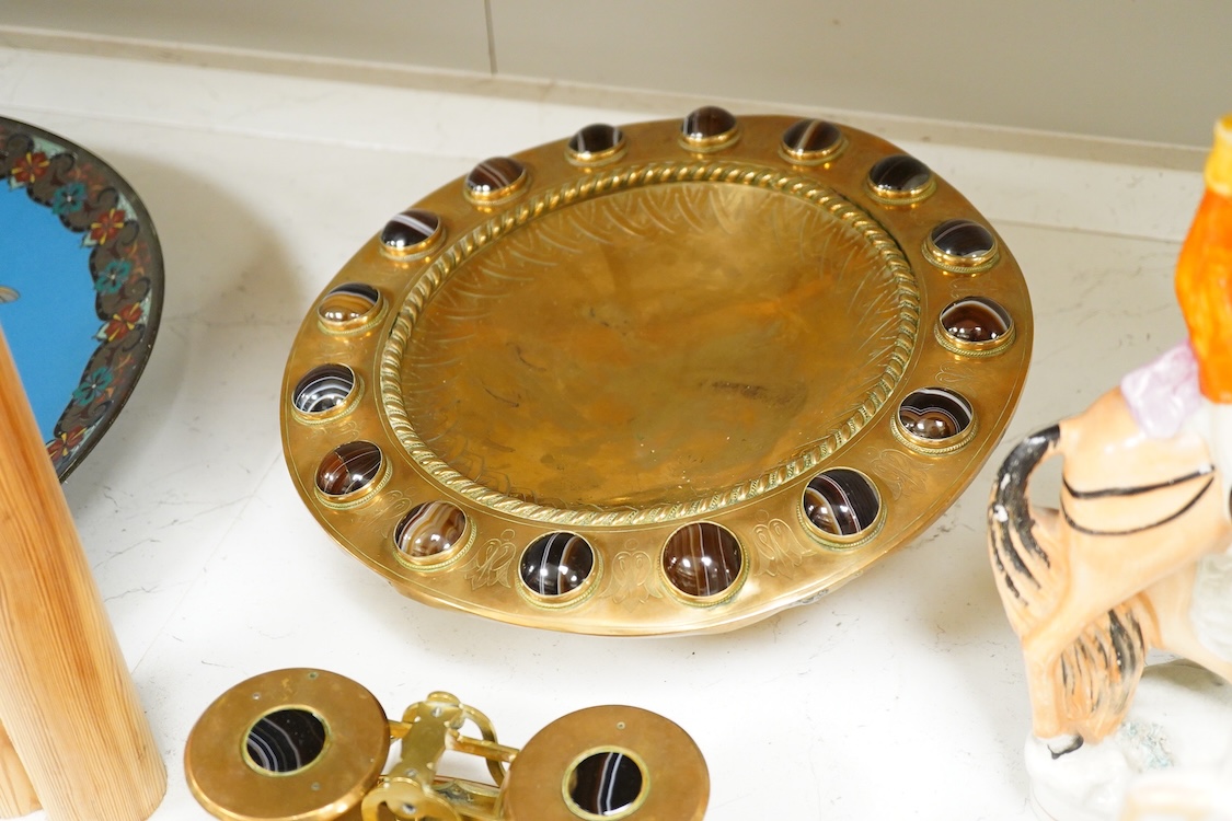 A Victorian brass and agate cabochon mounted set desk set and similar pedestal dish- 29cm diameter.